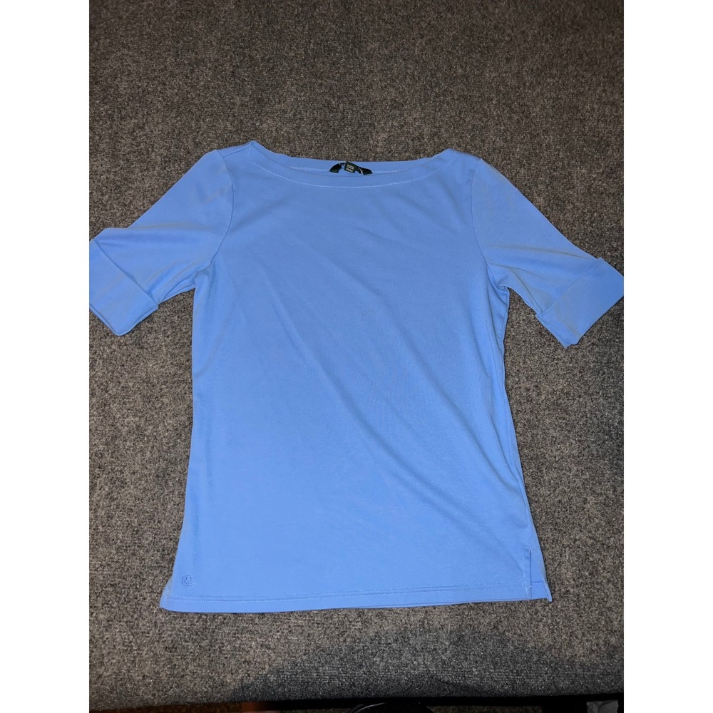 Lauren Ralph Lauren Light Blue Boat Neck Short Sleeve Top Large Cotton Blend